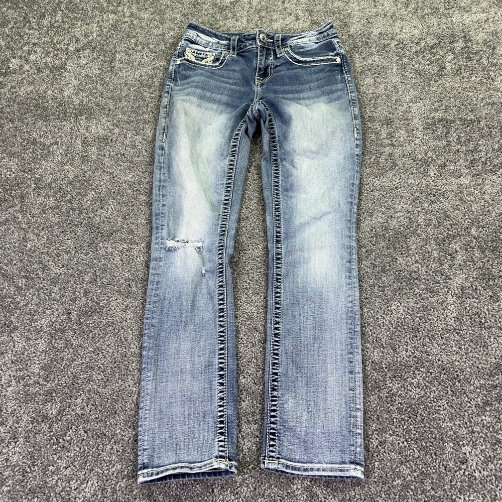 Vigoss Jeans Womens 4 Blue Straight Light Wash Denim Distressed Stretch Pockets